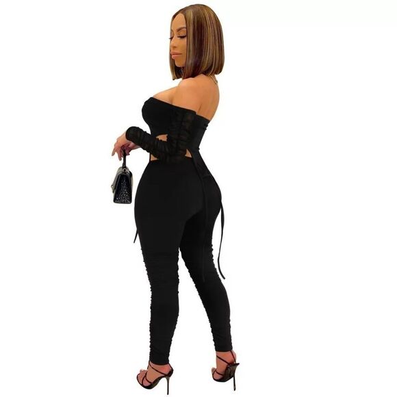 SOLD! Elegant Black Off-Shoulder Pants Set - Picture 2 of 14